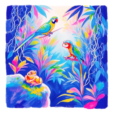 A dense jungle scene filled with lush green foliage. Vines and large leaves drape down from the treetops. In the foreground, a vibrant blue and green parrot is perched on a branch, its feathers glistening in the dappled sunlight. Nearby, a curious monkey with a long tail is peeking through the thick leaves, its expressive eyes visible. A brightly colored frog is resting on a moss-covered rock, showcasing its vivid orange and green skin. The sounds of the jungle can be felt through the vibrant depiction of the diverse animals hiding among the greenery.