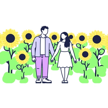 A couple is walking hand in hand through a vast field filled with tall sunflowers that have large, round yellow heads. The couple consists of a man with short hair wearing a light blue shirt and jeans, and a woman with long hair wearing a white sundress. They have joyful expressions as they stroll, surrounded by sunflowers that reach up towards the sky. The sunflowers are densely packed, creating a sea of yellow with dark green leaves. The couple is positioned slightly off-center, allowing a clear view of the field extending behind them.