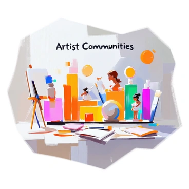 A demographic chart featuring various artist communities represented by colorful illustrations. Each section of the chart displays a unique illustration representing a specific artist community, including visual elements like paintbrushes, canvases, musical instruments, and sculpting tools. The community segments are filled with vibrant colors, showcasing diversity through distinct artistic styles such as painting, music, dance, and sculpture. The chart is arranged in a clear, organized manner, making it visually engaging while conveying the richness of each artistic group. The title of the chart, “Artist Communities,” is prominently displayed at the top in bold letters.