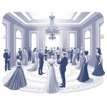 A grand ballroom featuring an expansive floor adorned with intricate patterns. The ceiling is embellished with large, ornate chandeliers that cast light over the scene. Numerous guests wearing elaborate masks stand in various poses, each dressed in opulent costumes with detailed embellishments and flowing fabrics. Some individuals engage in lively conversation while others dance gracefully across the polished floor. Richly decorated walls flank the space, contributing to the luxurious atmosphere of the event.
