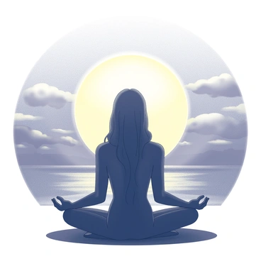 A silhouette of a seated figure in a meditative pose, representing Adiyogi. The figure has a distinct profile, with long hair falling down the back and a serene expression. The background features a large, round sun setting on the horizon, casting an expansive glow. The sky is filled with varying shades of light, suggesting a transition from day to night. The ground beneath the silhouette is flat, adding emphasis to the figure against the vibrant backdrop.