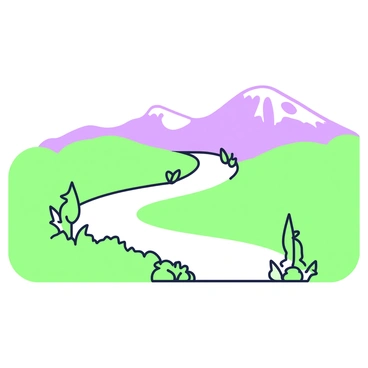 A hiking trail winds through a series of gently undulating hills. The trail is depicted with smooth, continuous lines that showcase the path curving gracefully from the foreground to the background. On either side of the trail, there are minimalistic representations of shrubs and small trees, indicated by simple shapes and outlines. The hills are illustrated with soft, rounded contours, creating a sense of depth in the landscape. In the distance, the hills rise higher, creating a layered effect. The overall composition is clean and focused, emphasizing the natural beauty of the trail and surrounding hills.