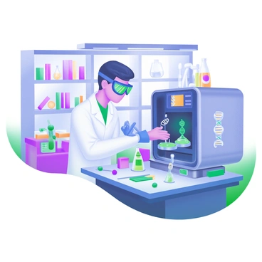 A lab technician wearing a white lab coat and safety goggles is working diligently at a sleek, futuristic workstation. The workstation features a high-tech machine with glowing screens displaying intricate gene sequences and DNA strand visuals. The technician is carefully handling small vials containing colorful DNA samples, with pipettes and tools arranged neatly around them. Bright overhead lights illuminate the lab, highlighting a backdrop of shelves filled with scientific books and glassware. The atmosphere is one of focused research and advanced technology.