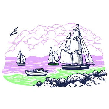 An intricately engraved illustration of a vintage seascape featuring several sailing ships. In the background, there are rolling waves with a few ships sailing gracefully on the water. Each ship displays detailed sails that billow in the wind. The foreground consists of small boats anchored near a rocky shoreline with seagulls flying overhead. The sky is filled with clouds, creating a sense of depth and movement in the scene.