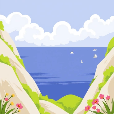 A panoramic view from Mount Solaro in Capri, featuring a clear blue sky filled with fluffy white clouds. Below, an expansive sea stretches out, shimmering with shades of deep blue and turquoise. Rocky cliffs frame the scene, dotted with vibrant green vegetation. In the foreground, a few colorful wildflowers add contrast against the rugged terrain. The distant horizon meets the water, where several small boats can be seen sailing.