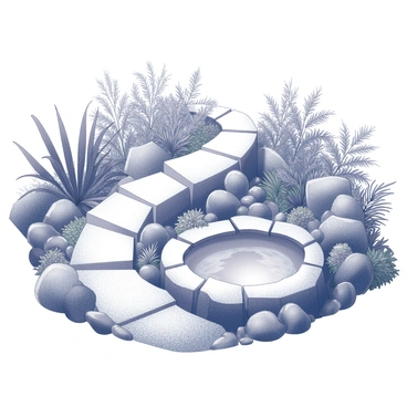 A winding path through an outdoor natural setting. The path is framed by an abundance of plants and foliage, creating a dense, green environment. At the end of the path, there is a rock pool, its surface smooth and still, reflecting the surrounding vegetation. The rock formation encircling the pool is uneven and rugged, enhancing the natural look of the scene. Various types of greenery, including ferns and small bushes, are scattered around the pool, adding to the lush appearance of the area.