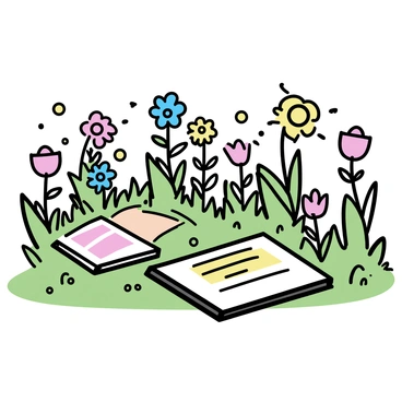 A lush garden filled with a variety of colorful flowers blooming from open art books that are laid on the ground. The flowers include vibrant roses, daisies, and tulips, their petals fully expanded. The art books display beautiful illustrations and colorful pages, some pages gently turned by a light breeze. The grass surrounding the books is rich and green, adding to the freshness of the scene. Sunlight filters through the leaves of nearby trees, creating dappled patterns on the books and flowers.