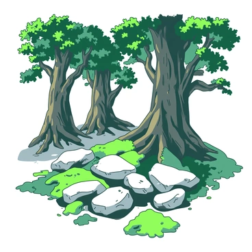 Smooth stones covered in moss at the base of ancient forest trees