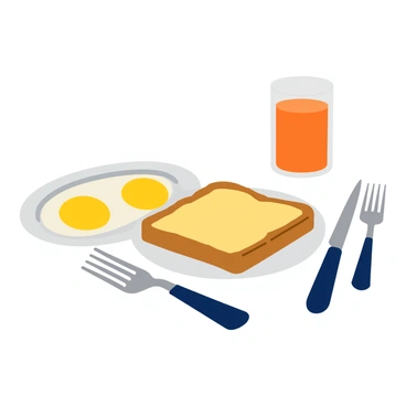 A breakfast table set with a plate of golden-brown toast, neatly arranged beside perfectly cooked sunny-side-up eggs that have bright yellow yolks. A glass of freshly squeezed orange juice sits to the side, showcasing a vibrant orange color. The table has a white linen tablecloth, and there are a couple of forks and knives placed next to the plates. The scene is well lit, emphasizing the freshness of the food items.
