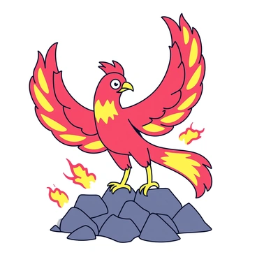 A phoenix with vibrant red and orange feathers is rising from a bed of gray ashes. Its wings are spread wide, and flames are bursting around its body, creating an intense contrast with the dark ashes below. The phoenix's eyes are bright and fierce, capturing the essence of rebirth. The background is filled with swirling fire, enhancing the dramatic effect of the scene.