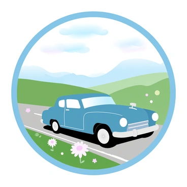 A simple round frame encases a classic vintage car driving along a country road. The car is a two-door model with a glossy finish, showcasing its curves and chrome accents. Surrounding the road are green fields and a few scattered wildflowers, indicating a sunny day. In the background, gentle rolling hills can be seen, creating a scenic countryside atmosphere. The sky above is painted in gradient pastel colors, adding a soft touch to the scene.