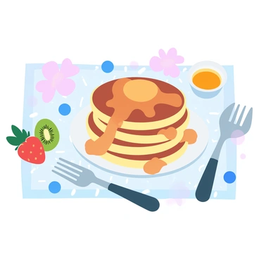 A flat lay of a breakfast table is presented. There are fluffy pancakes stacked high in the center, drizzled generously with golden syrup. Surrounding the pancakes are vibrant slices of fresh fruit, including strawberries, blueberries, and kiwi, arranged neatly. A small bowl of honey is placed nearby, and a fork rests beside the pancakes. A patterned tablecloth serves as the backdrop for this colorful breakfast spread.