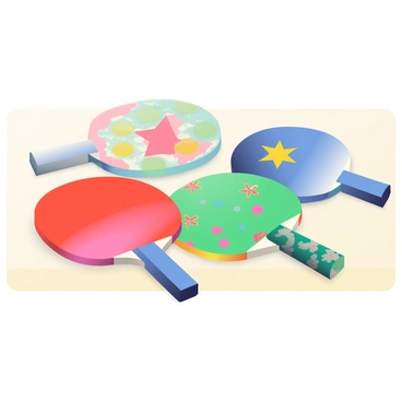 A variety of colorful ping pong paddles are laid out on a light wooden table, showcasing intricate designs on each paddle's face. The paddles include a bright red paddle with white stripes, a blue paddle featuring a star pattern, and a green paddle adorned with floral motifs. Each paddle has a distinct handle style, with some having a smooth finish and others exhibiting a textured grip. The background is subtly blurred, drawing attention to the vivid colors and details of the paddles.