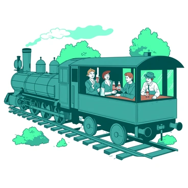 A teal historic steam train is traveling along a railway track surrounded by lush greenery. The train has intricate details with polished metal and wooden accents. Inside the vintage carriage, there are several passengers seated at wooden benches, dressed in early 20th-century clothing. They are joyfully sharing "cola bottles" while smiling and engaging in conversation. The sunlight streams through the large windows, casting warm light on the scene, enhancing the nostalgic atmosphere.