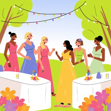 A summer garden party scene featuring several guests wearing colorful evening gowns. The gowns are in shades of red, blue, yellow, and green. The guests are mingling and laughing, standing amongst an array of blooming flowers in vibrant colors such as pink, orange, and purple. Tables are set with white tablecloths, adorned with small flower arrangements in the center. Fairy lights are strung between trees, adding a festive atmosphere to the gathering. The sky is clear and blue, enhancing the cheerful ambiance of the scene.
