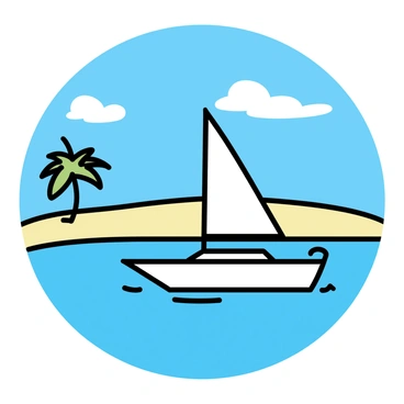 A small white sailboat with a single triangular sail anchored peacefully in the clear blue waters near the shores of Key West. The boat is gently bobbing on the water's surface, reflecting the sunlight. In the background, there are smooth sandy shores with a few palm trees swaying lightly in the breeze. The vibrant blue sky is dotted with a few fluffy white clouds.