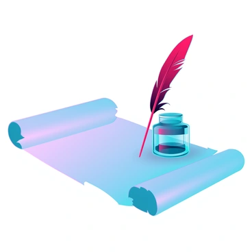 A red feather quill pen with intricate details of the barbs resting next to a glass ink pot filled with dark ink. The ink pot has a small, round shape with a shiny surface that reflects the light. The parchment is slightly wrinkled, showing the texture of aged paper, with visible fiber patterns. The scene is illuminated from the side, casting soft shadows that enhance the depth and detail of each object.