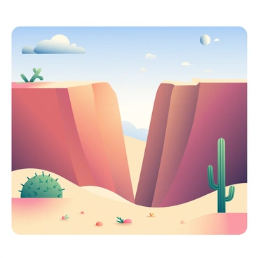 A vast chasm stretches across the scene, its rocky edges sharply contrasting with the flat expanse of a sunbaked desert landscape. The chasm is deep, revealing multiple layers of earthy tones within its walls. To the left of the chasm, a lone cactus stands tall, its green body adorned with spikes. The sun casts harsh shadows on the ground, highlighting the texture of the sand, which is dotted with small pebbles and sparse vegetation. The sky above is a clear blue, with a few scattered clouds floating in the distance. The overall atmosphere conveys the stark beauty of the desert environment.