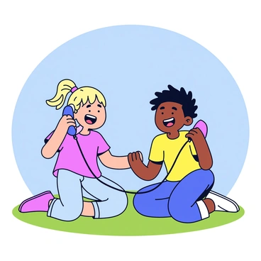A duo of kids are sitting on a grassy patch under a bright blue sky. One child is holding one end of a tin can telephone, while the other is holding the other end, both connected by a long string. The children have wide smiles on their faces, with their eyes sparkling, clearly enjoying the moment. They are wearing colorful t-shirts, and the hair of one child is tied in a ponytail while the other has short, tousled hair. The scene captures their laughter and the playful atmosphere as they engage in their prank phone call.