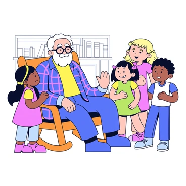 An old man with a white beard is sitting in a wooden rocking chair. He is wearing a plaid shirt and reading glasses perched on his nose. Around him are three grandchildren, two girls and a boy, listening intently. The girls have braids and are wearing colorful dresses, while the boy is in a simple t-shirt and shorts. The background shows a cozy living room with a warm fireplace and a bookshelf filled with books. The old man gestures animatedly as he shares a story, and the children are leaning forward, captivated by his words.