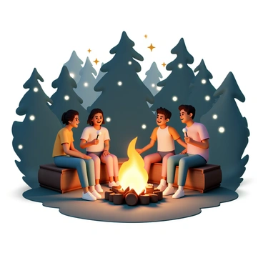 A group of four friends is sitting around a campfire, enjoying the warmth and light. Two friends are sitting on log benches, while another friend leans against a tree, and the fourth is roasting marshmallows on a stick. The campfire is crackling, casting a warm orange glow that illuminates their faces. The friends are smiling and laughing together. The flickering flames create shadows that dance on the nearby trees, forming creative shapes on the ground. The night sky above is dark with a few twinkling stars visible.