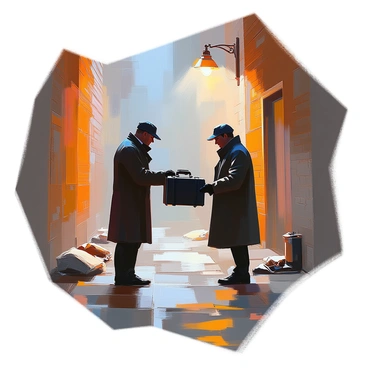 A briefcase being secretly exchanged between two people in a dimly lit alley
