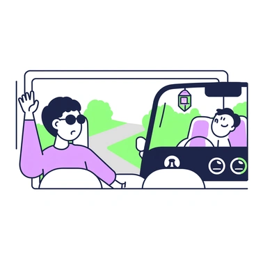 A driver with a frustrated expression is seated in the driver's seat of a car. The driver has short hair and is wearing sunglasses. The left hand is raised, gesturing angrily towards another vehicle that is seen through the passenger window. The other vehicle is in the adjacent lane, and the driver of that vehicle is looking straight ahead. The dashboard of the car is visible, showing various controls and a small air freshener hanging from the rearview mirror. The background includes a blurred view of the road and trees.