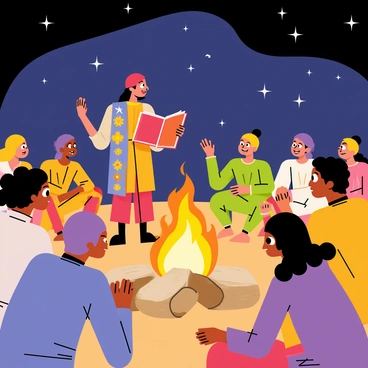 Villagers gathered around a fire, listening to a traveling storyteller narrating epic tales