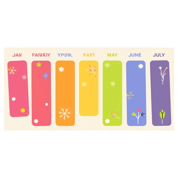 A vibrant calendar with each month represented by a distinct color of the rainbow. January is depicted in bright red, February in a bold orange, March in a cheerful yellow, April in a fresh green, May in a calming blue, June in a deep indigo, and July in a rich violet. Each month has unique illustrations that reflect seasonal themes, such as snowflakes for January and blooming flowers for April. The calendar is adorned with playful patterns and graphics that enhance the lively colors and make it visually engaging. Each month's name is clearly displayed in a fun, bold font.