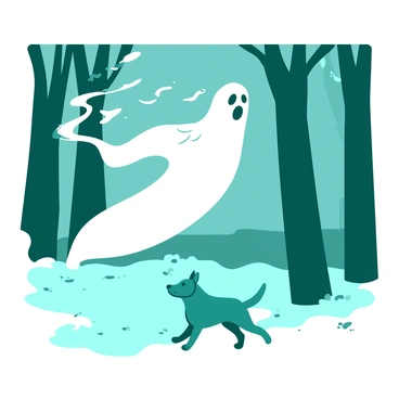 A white ghost is gliding through a foggy park, with wisps of fog swirling around its translucent form. The ghost has an ethereal appearance, with an elongated shape and soft edges. Beside the ghost, a teal spectral dog is trotting along, its body shimmering like mist in the dim light. The park is filled with tall, dark trees partially obscured by the fog, and a faint path is visible underfoot. The atmosphere is haunting yet calm, as the ghost and its spectral companion navigate through the misty surroundings.
