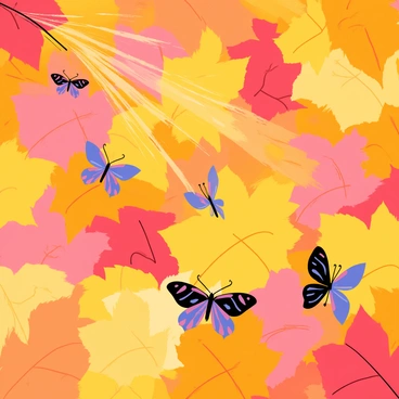 A vibrant carpet of fallen leaves in various shades of orange, red, and yellow covers the ground. Delicate butterflies with intricate patterns in shades of blue, purple, and black are resting gently on the leaves. Some butterflies are perched with their wings open, showing their colorful designs, while others have their wings closed, blending into the foliage. Sunlight filters through the trees, casting soft shadows on the scene, and a gentle breeze stirs the leaves, creating a dynamic and lively atmosphere.