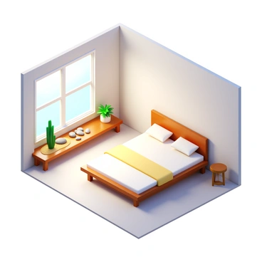 A spacious bedroom with a Zen theme. The room features soft, neutral tones and minimalistic decor. In one corner, there is a small indoor sand garden, complete with smooth stones and miniature plants. A large window allows natural light to fill the room, casting gentle shadows. A low wooden platform bed is adorned with simple, calming bedding. Soft, ambient lighting enhances the tranquil atmosphere. A few carefully placed decorative items complement the peaceful setting.