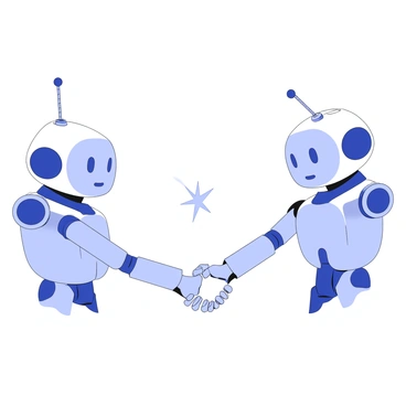 Two robots are facing each other and extending their metallic arms to shake hands. Each robot is humanoid in shape, with intricate joints and various mechanical details visible on their surfaces. Their hands meet in the center, generating a small electric spark at the point of contact, illuminating the area around them. The expression of determination is evident on their robotic faces as they engage in this gesture of agreement. The background is minimal, focusing attention on the robots and their handshake.