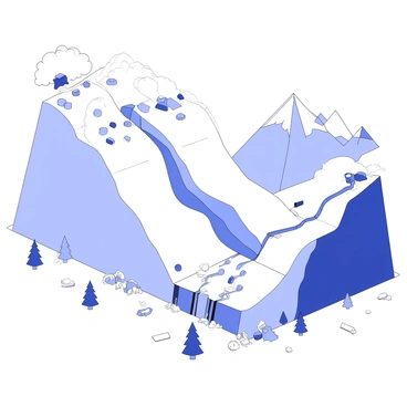 A mountainous area is depicted with steep cliffs and rugged terrain. A landslide is occurring on one of the slopes, where rocks and soil are cascading downward. The scene shows a reverse fault line visibly cutting through the mountainside, creating an uneven surface. Debris is scattered around the base of the slope, and some trees are partially uprooted. Dust clouds are rising from the area of the landslide, creating a dramatic effect. In the background, other mountain peaks are visible, enhancing the scale of the landscape.