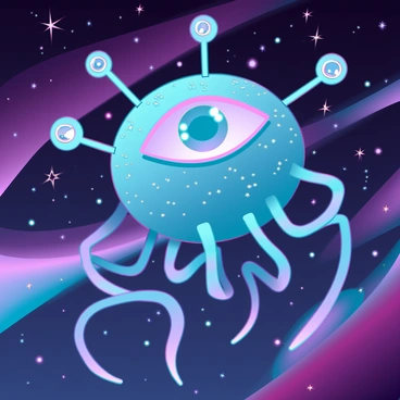A large cosmic beholder with a central eye surrounded by several smaller eyes on long, flexible stalks. The beholder exhibits a shimmering, iridescent skin texture that reflects the colors of the cosmos. It floats gracefully through a vast expanse of space, surrounded by twinkling stars and distant galaxies. The background features swirling nebulae with vibrant hues of purple, blue, and pink, enhancing the otherworldly atmosphere of the scene.