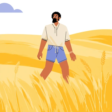 A man named "Samson" is walking through a vast golden field of wheat. The wheat stalks sway gently in the wind, creating a dynamic movement across the landscape. Samson is dressed in simple, rustic clothing that blends harmoniously with the natural environment. His expression is thoughtful as he strolls through the field, with patches of blue sky visible above. The sunlight casts a warm glow on the golden wheat, highlighting the textures and colors of the scene.