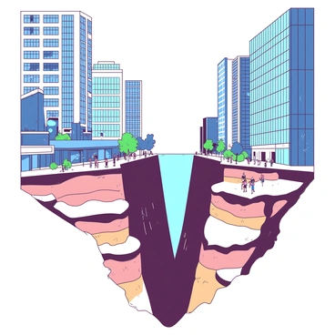 A deep chasm slices through a busy city, revealing layers of rock and soil beneath. On both edges of the chasm, tall modern buildings soar into the sky, their glass facades reflecting the sunlight. People are walking along the sidewalks at the chasm's edge, some stopping to take pictures, while others are engaged in conversation. The contrast between the natural ruggedness of the chasm and the sleek, polished surfaces of the buildings creates a striking visual juxtaposition. A few trees grow along the edges of the chasm, adding a touch of green to the urban landscape.