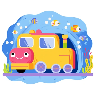 A unique cartoon train with bright colors and exaggerated features is traveling through an underwater tunnel. The train has large, rounded windows and a cheerful face on the front. The tunnel walls are adorned with vibrant coral reefs and colorful sea plants. Various types of fish, including a yellow clownfish and a blue tang, swim by in lively schools around the train. Bubbles float up from the train's wheels as it moves along the tracks beneath the ocean.