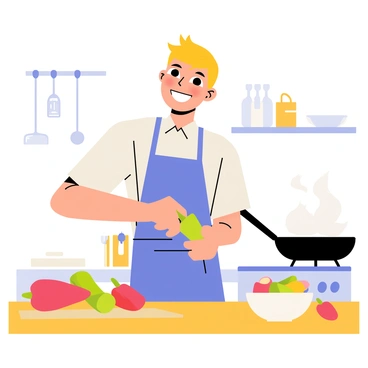 A cartoon-style illustration of a young man with short blonde hair and a broad smile, wearing a blue apron in a bright kitchen. He is standing at a wooden countertop, chopping colorful vegetables like red bell peppers and green cucumbers on a cutting board. A frying pan sits on a stove in the background with steam rising from it, showing that something is cooking. There are various kitchen utensils hanging on the wall, and a bowl filled with fresh ingredients next to him. The overall atmosphere conveys a sense of fun and enjoyment in cooking.