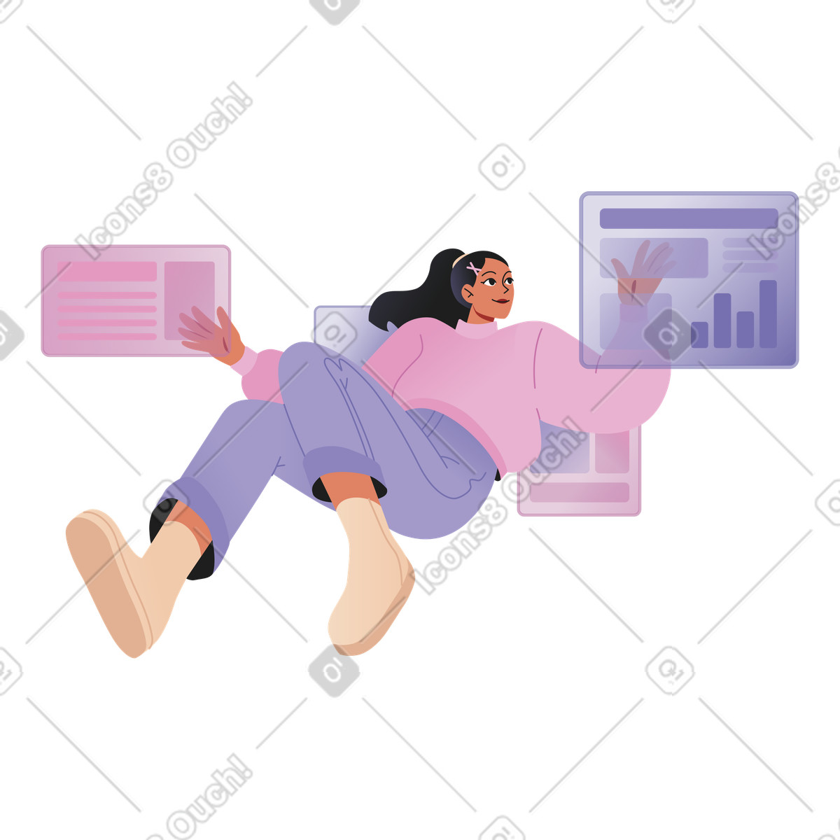 Analyst interacting with floating data panels, information analysis and business insights illustration in Coworking style download in PNG, SVG