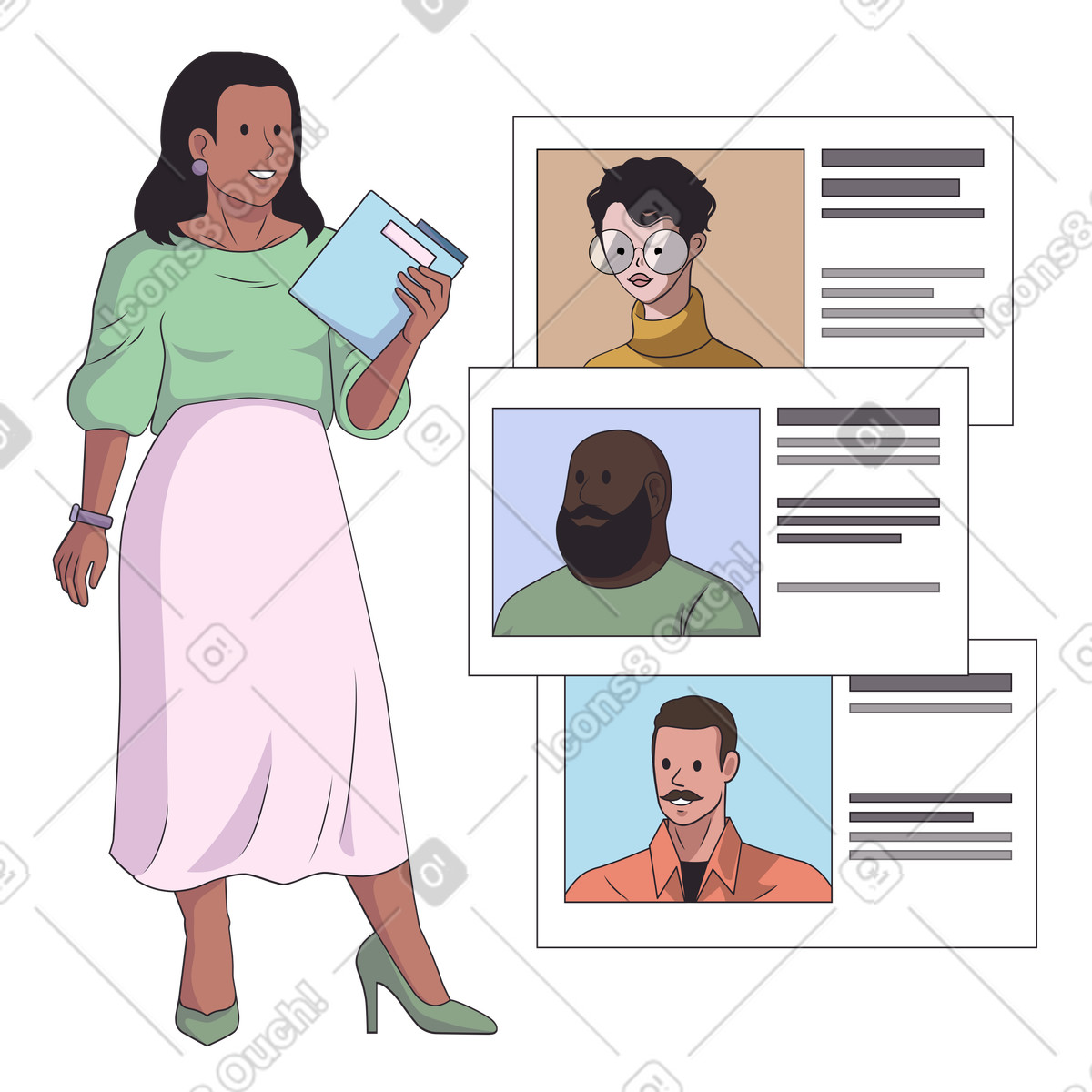 Ilustração de Woman recruiter choosing an employee from list of candidates em no estilo Eastwood para baixar em PNG, SVG
