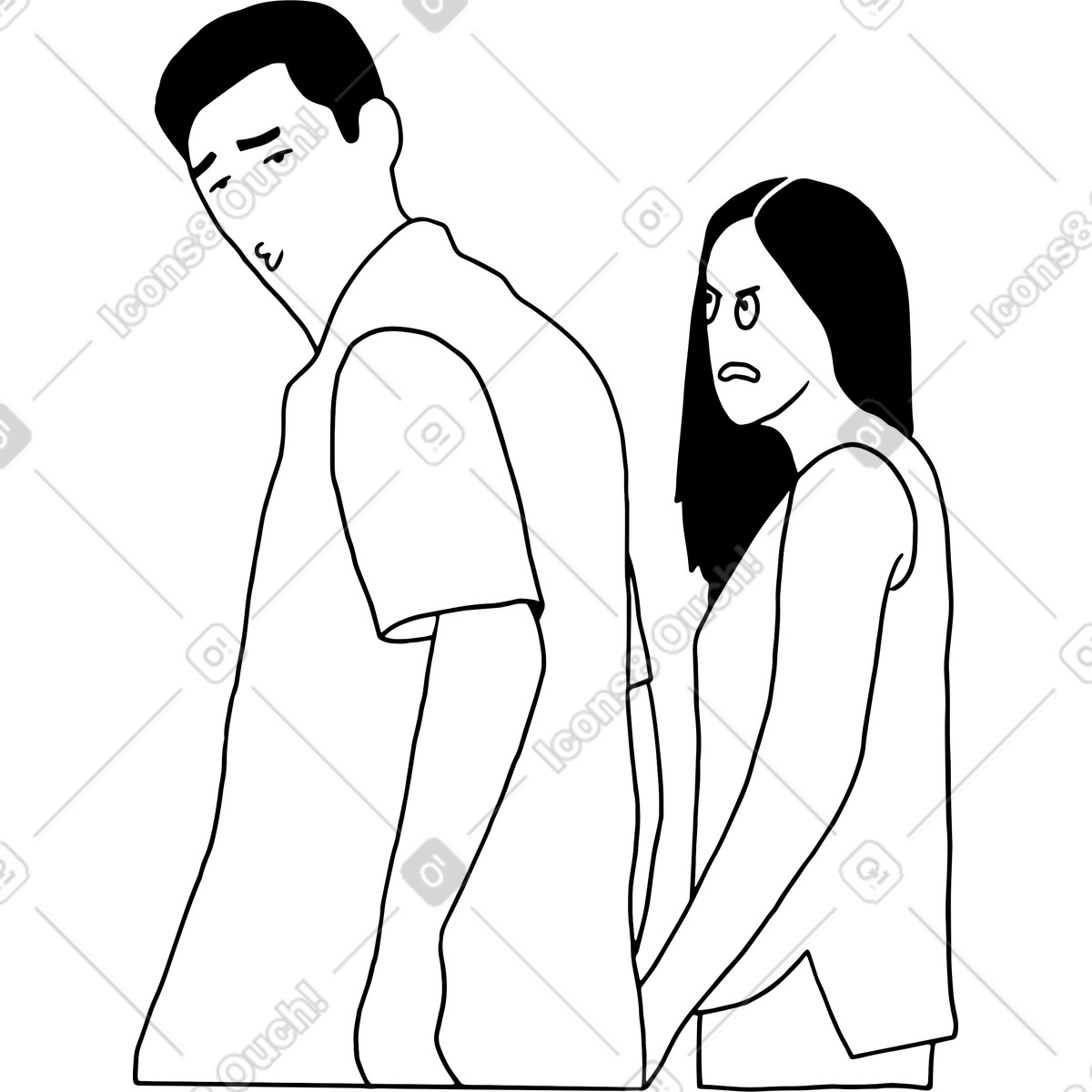 Young guy looking at something, and his girlfriend getting mad illustration in Dudes style download in PNG, SVG