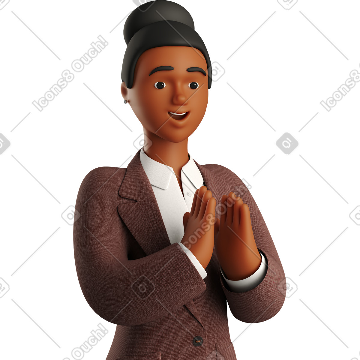 Illustration Black businesswoman in brown suit clapping hands dans le style 3D Business à télécharger aux formats PNG, SVG