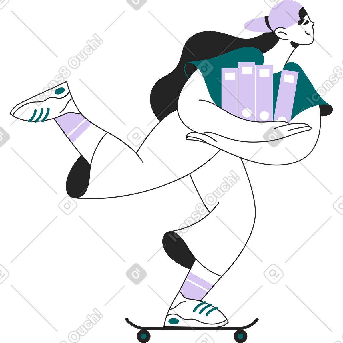 Ilustração de Menina em um skate com pastas no estilo Sammy Line para baixar PNG, SVG