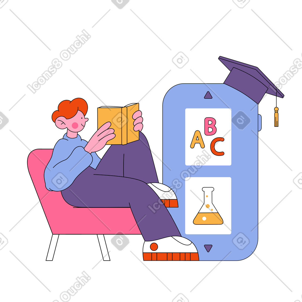 Teenager learning language and chemistry online illustration in Bloom style download in PNG, SVG