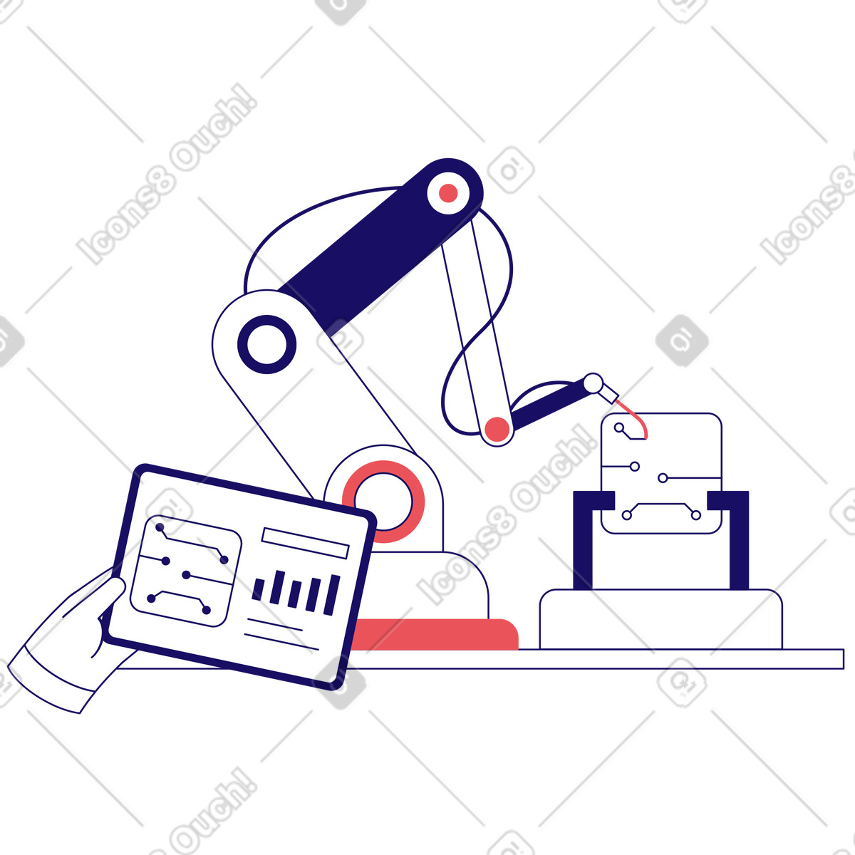 Illustration animée Robotique et automatisation sur ligne de production dans le style Bendy à télécharger aux formats GIF, Lottie (JSON), AE