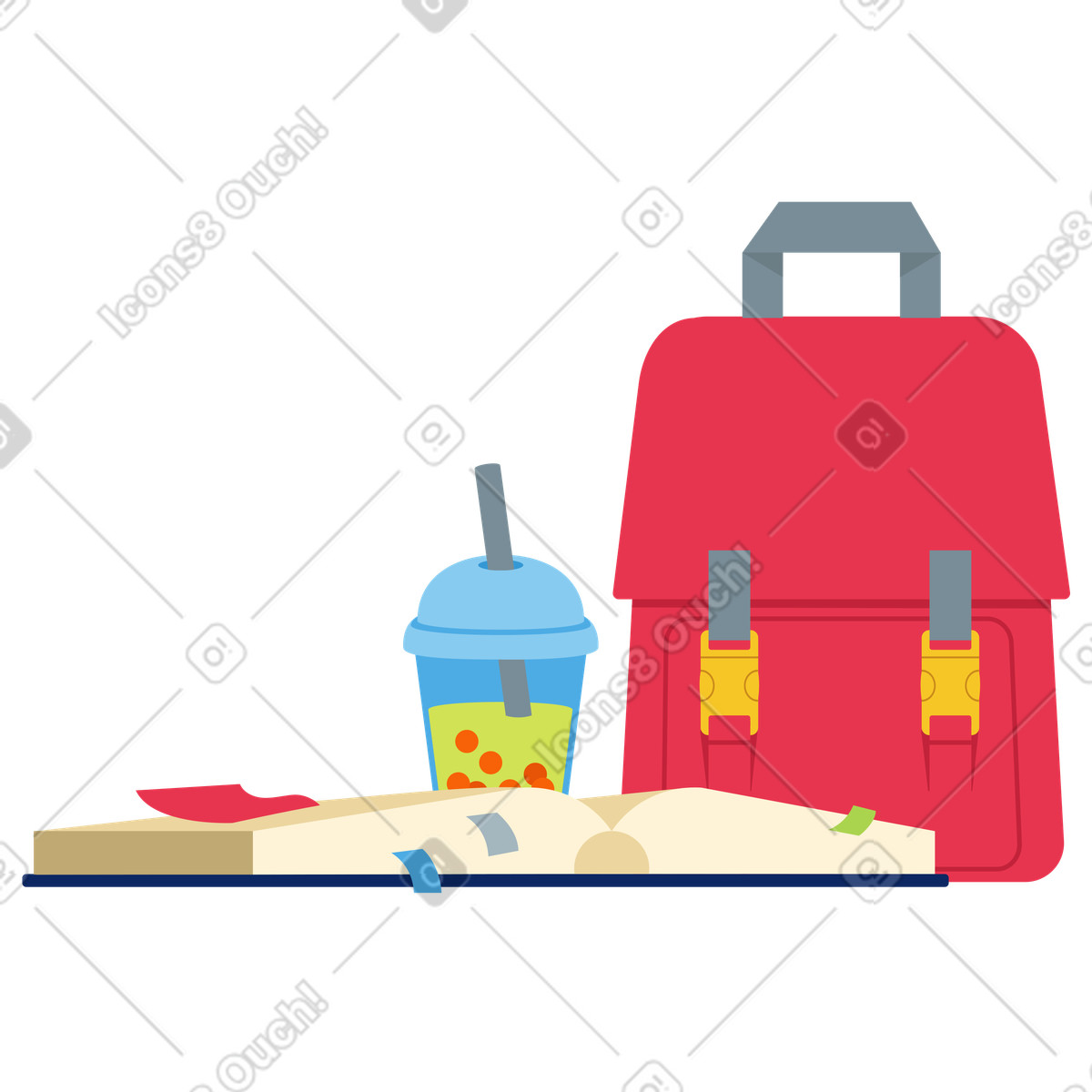 Rucksack, erfrischungsgetränk und offenes buch-Illustration im Catchy-Stil als Download in PNG, SVG