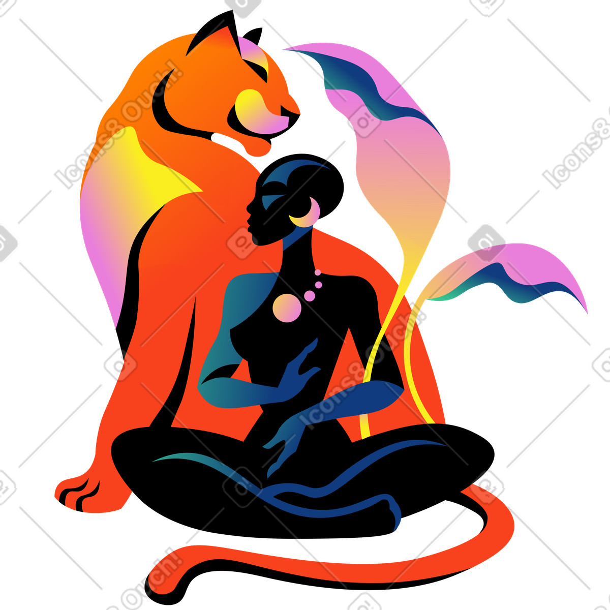 Afrikanerin meditiert mit einem löwen-Illustration im Amani-Stil als Download in PNG, SVG