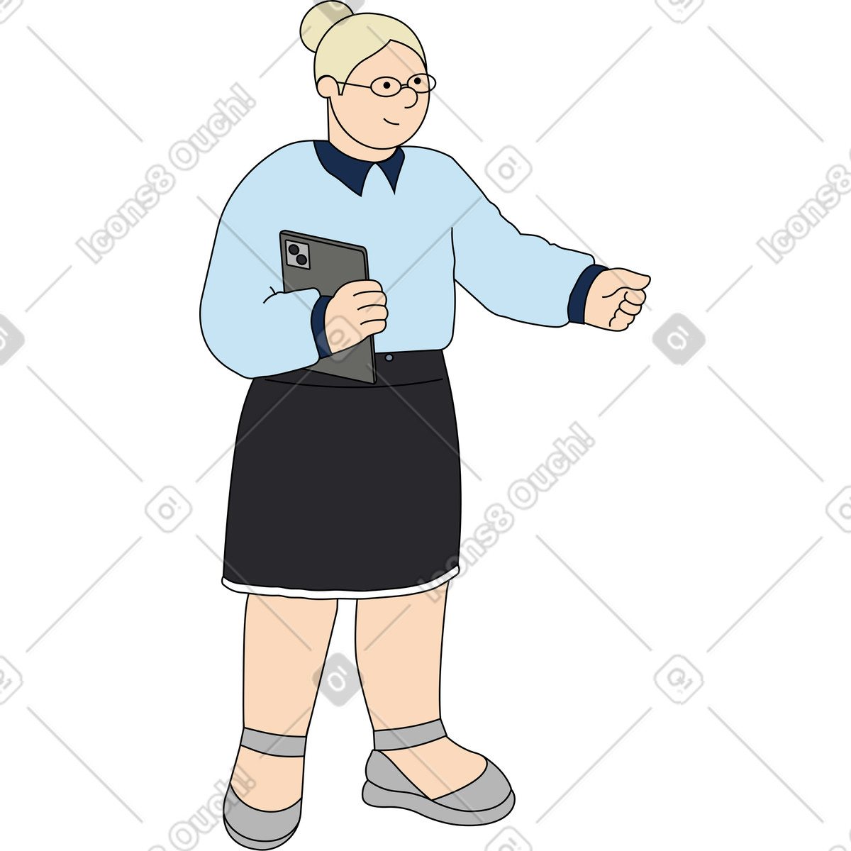 Donna in piedi con un tablet illustrazione stile Kindy scarica PNG, SVG