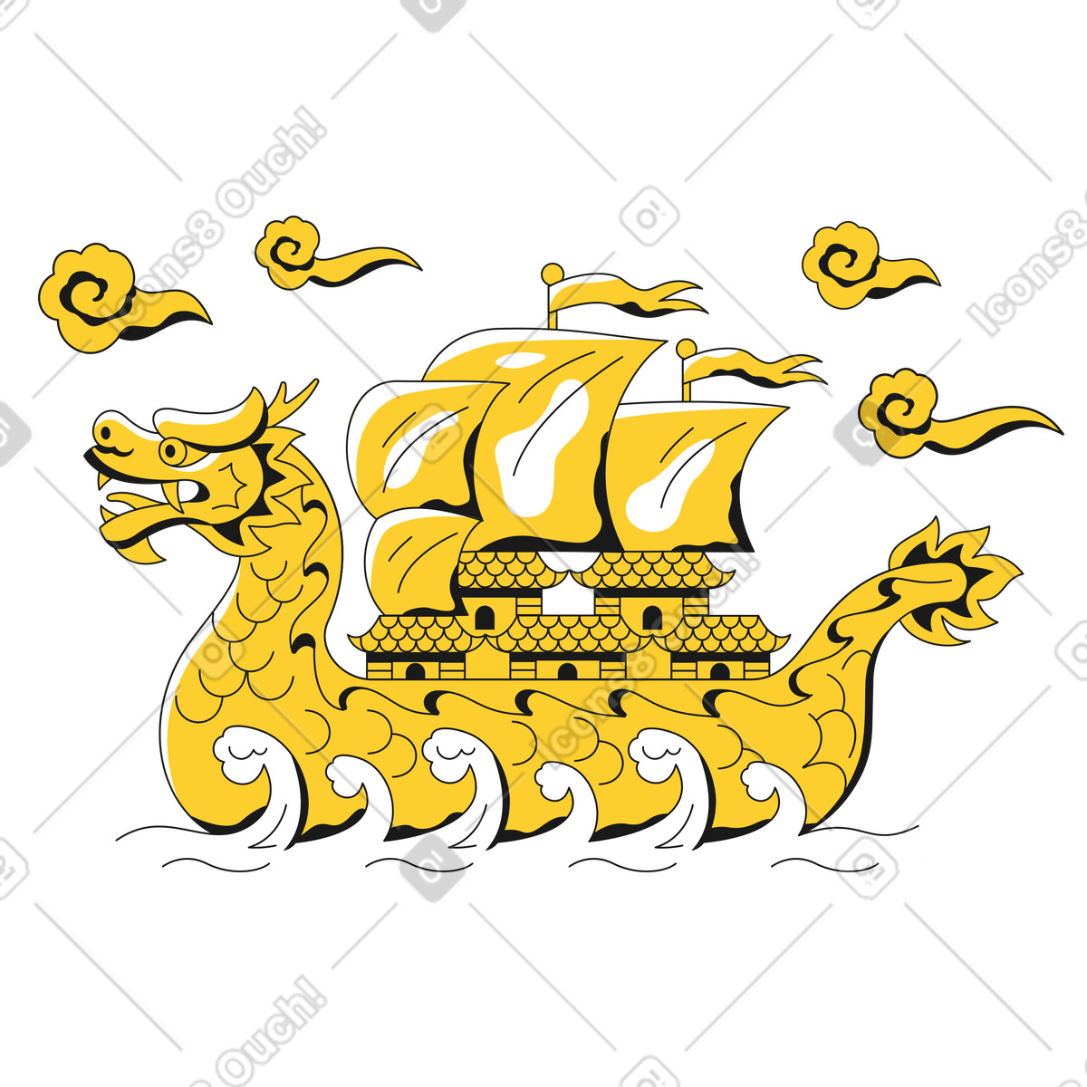 Chinesisches segelboot in form eines drachens-Illustration im Taxi-Stil als Download PNG, SVG